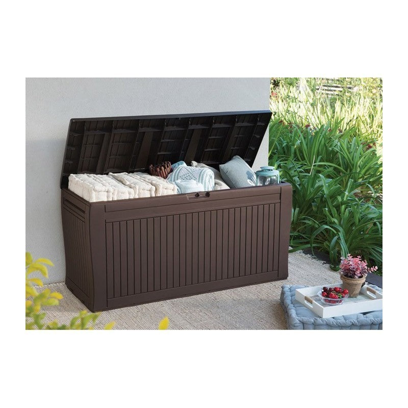 Baúl de resina con acabado efecto madera, equipado con ruedas de cm. 116,7x44,7xalto. 57