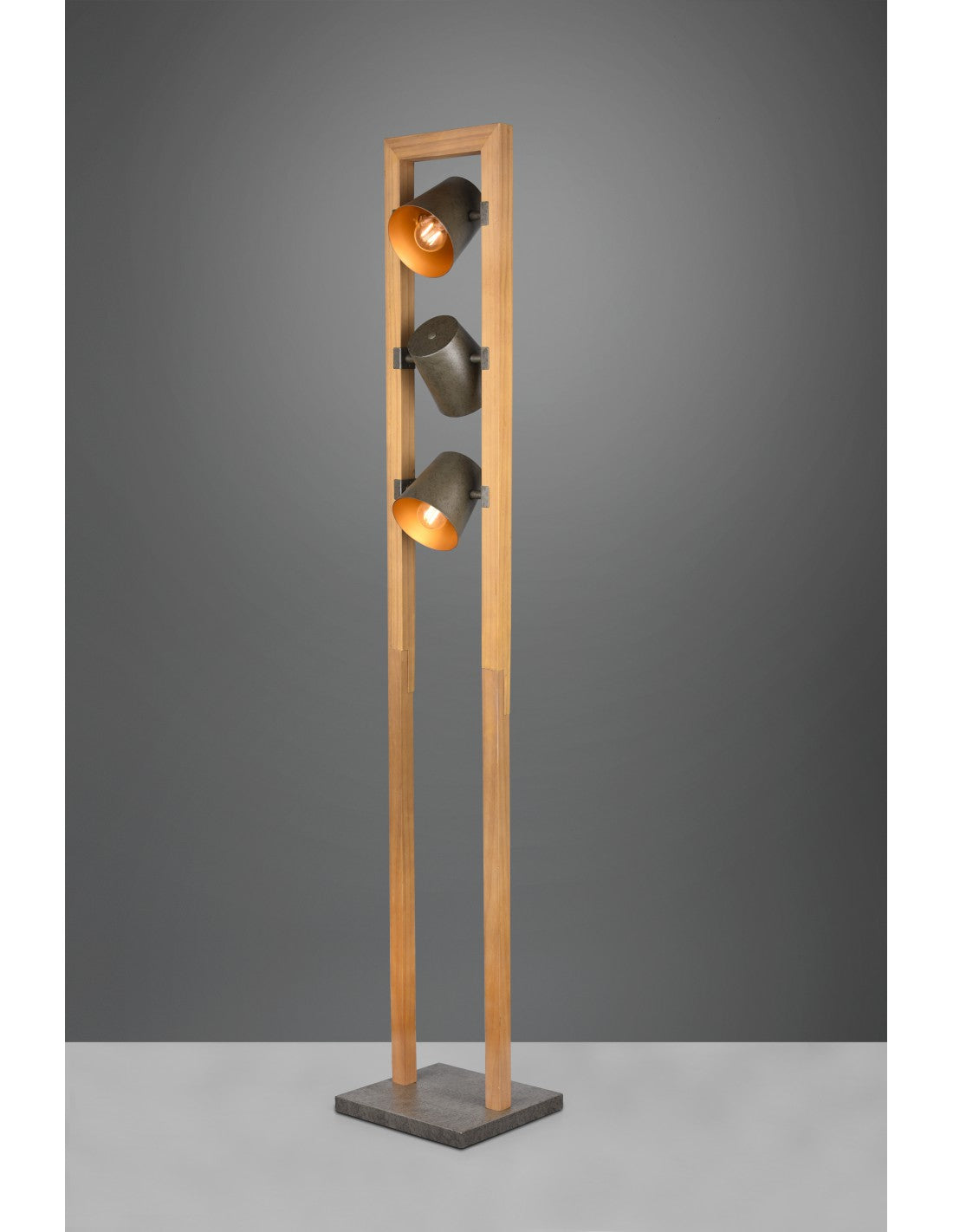 Lámpara de pie de madera vintage con 3 focos cónicos ajustables, iluminación en trío de campanas de metal y níquel
