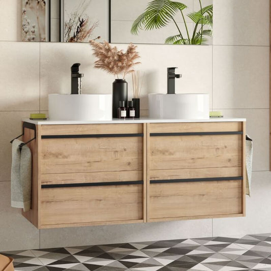 Mobile bagno sospeso Nuar120 rovere ostippo doppio lavabo 4 cassetti 120x45x54h