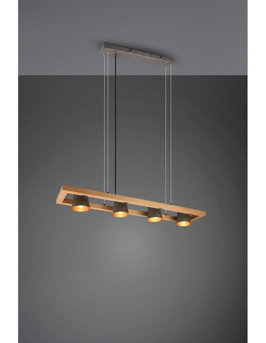 Lámpara de suspensión rectangular con 4 focos ajustables en madera y metal níquel Bell Trio Lighting