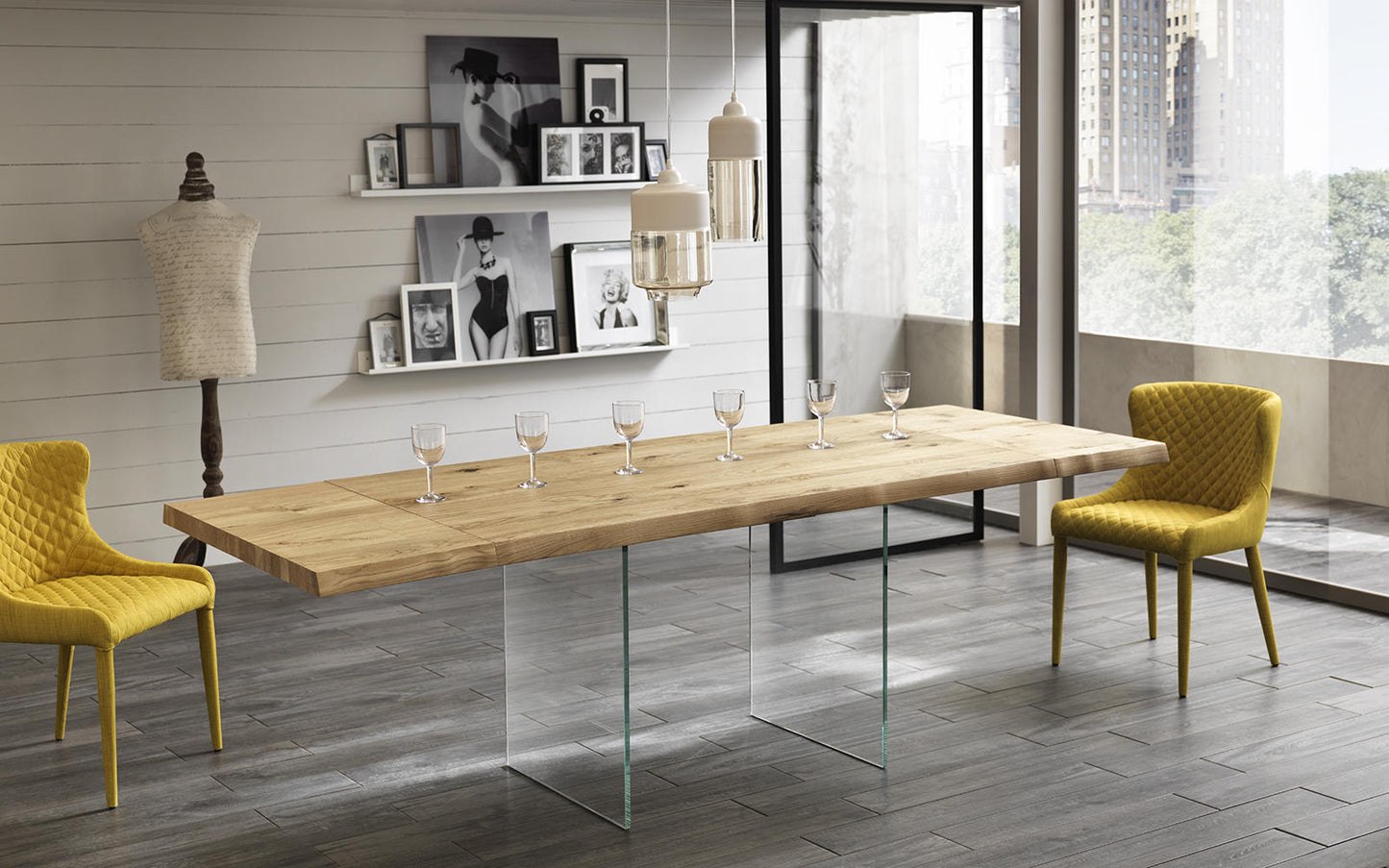 Mesa extensible chapa de roble y patas de cristal templado 160/240x90x76h cm