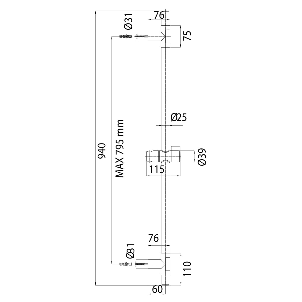 Barra de ducha cromada de lujo