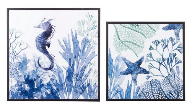 Juego de mesas de centro de 2 piezas de acero negro con estampado marino REEF K04