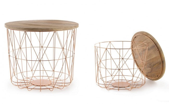 Juego de 2 mesas de centro con contenedor y tejido de cobre.