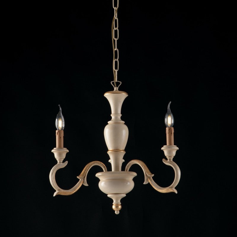 Lámpara de araña de madera, marfil y pan de oro, tres luces 43x h50 cm