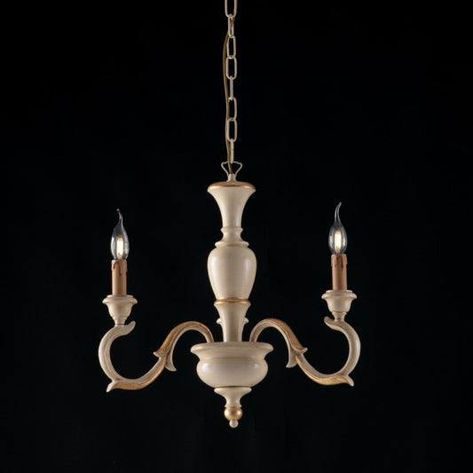 Lámpara de araña de madera, marfil y pan de oro, tres luces 43x h50 cm
