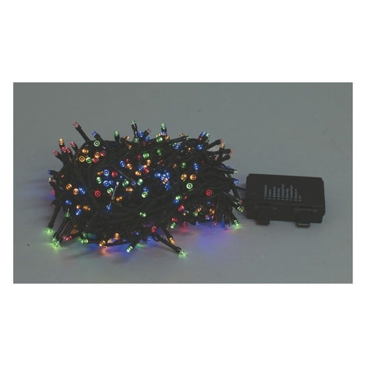 Cadena de luces navideñas a pilas con 60 LED de color blanco cálido, 410 cm de largo con extensión de 50 cm, 2 W de potencia y 8 funciones de iluminación diferentes.