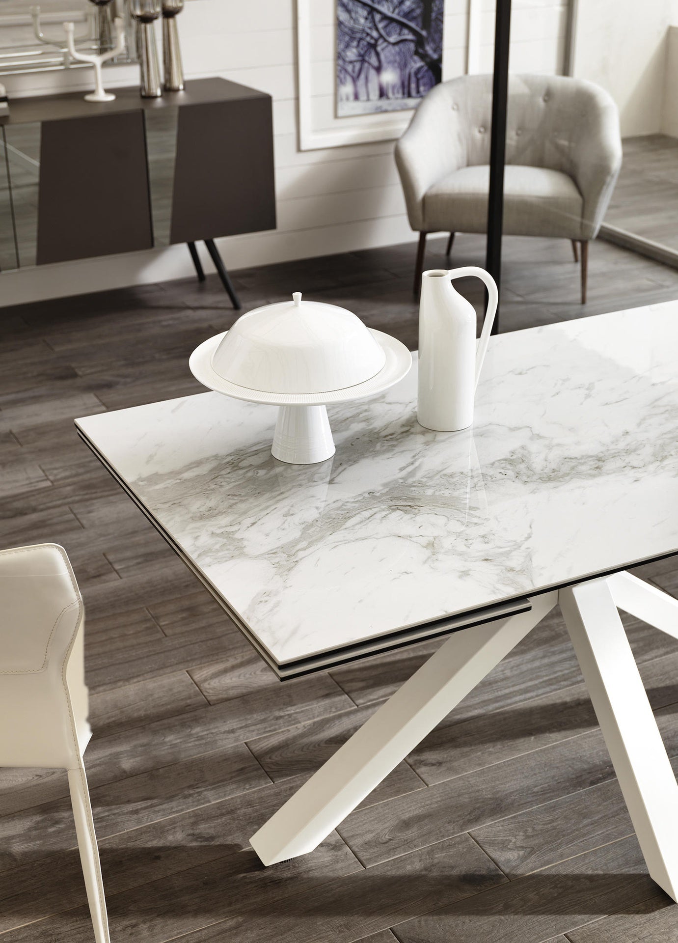 Mesa extensible blanca-cerámica mármol blanco 90 cm x 160-240 cm H. 76 cm