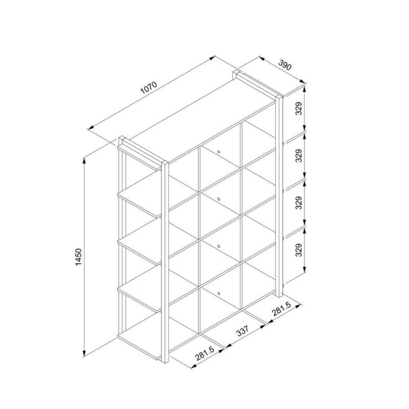 Librería cúbica de roble con perfiles antracita 107x39xh.145 cm