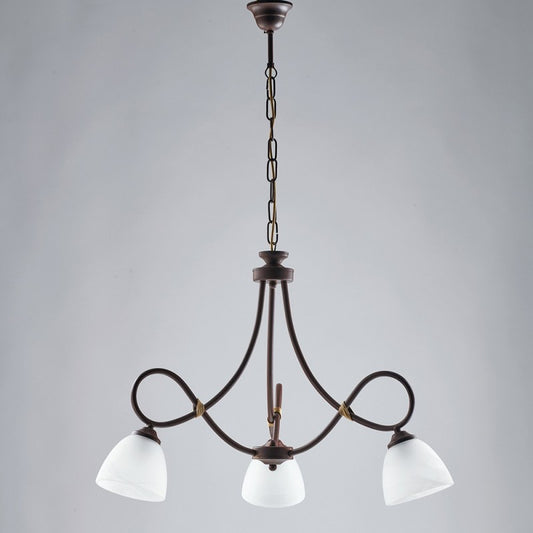 Lámpara de araña Arte Povera de hierro negro oxidado con tres luces blancas 58x h52 cm