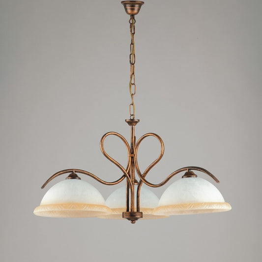 Lámpara de araña de hierro marrón dorado con tres luces de cristal blanco y ámbar 68x h43 cm