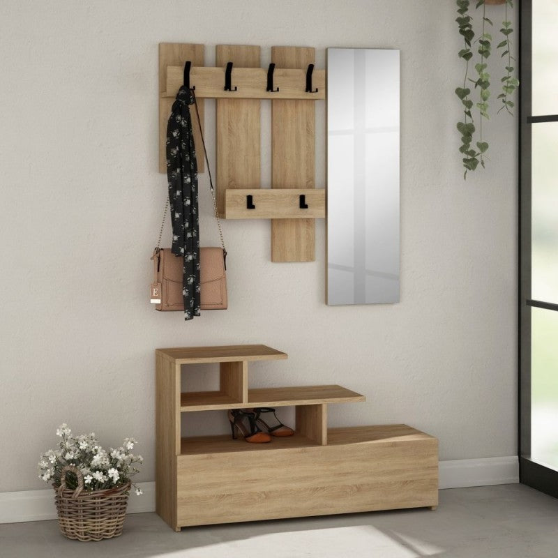 Mueble de entrada de roble con zapatero y espejo Vesty 100x30xh.122 cm