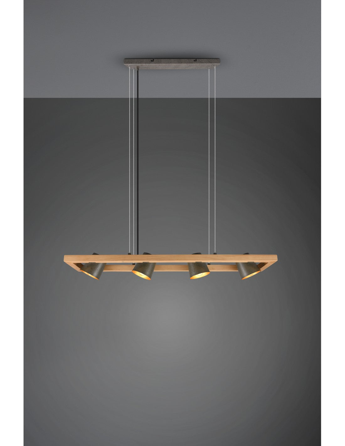 Lámpara de suspensión rectangular con 4 focos ajustables en madera y metal níquel Bell Trio Lighting