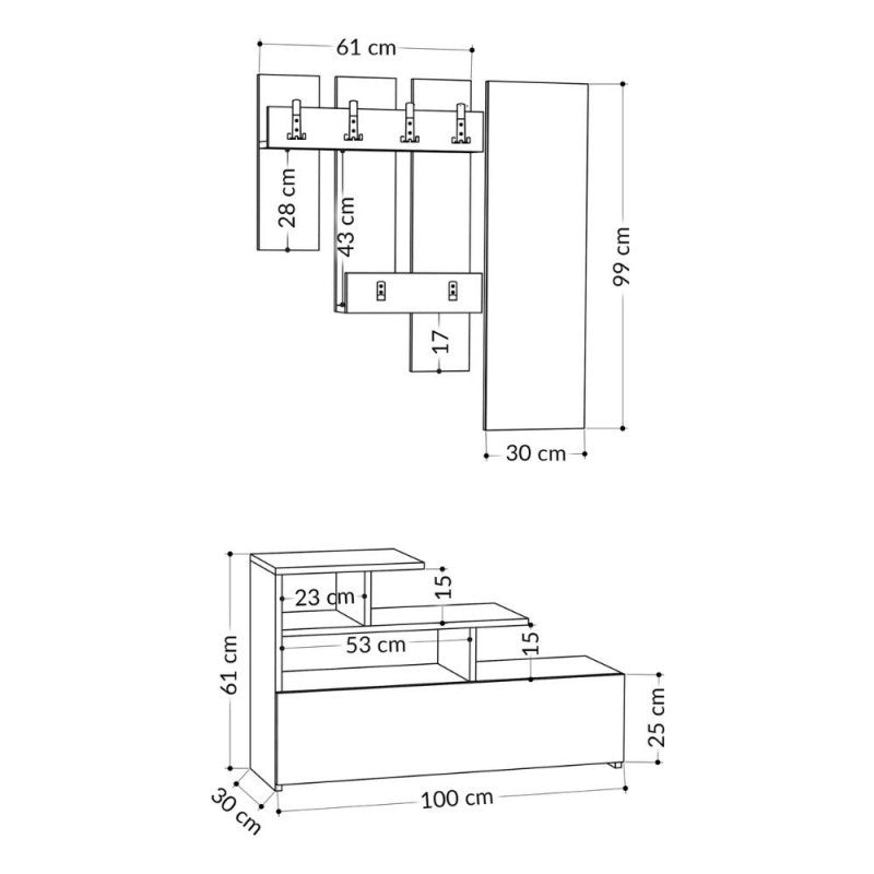 Mueble de entrada de roble con zapatero y espejo Vesty 100x30xh.122 cm