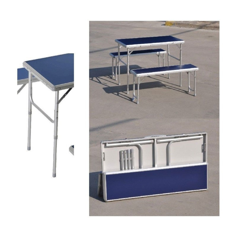 Conjunto de picnic en aluminio y MDF, una mesa y dos bancos plegables en una maleta