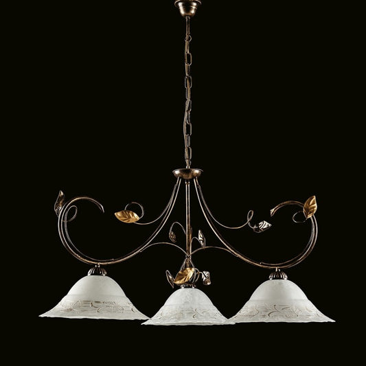 Araña de hierro marrón dorado tres luces Pantalla de cristal blanco 79x h54 cm
