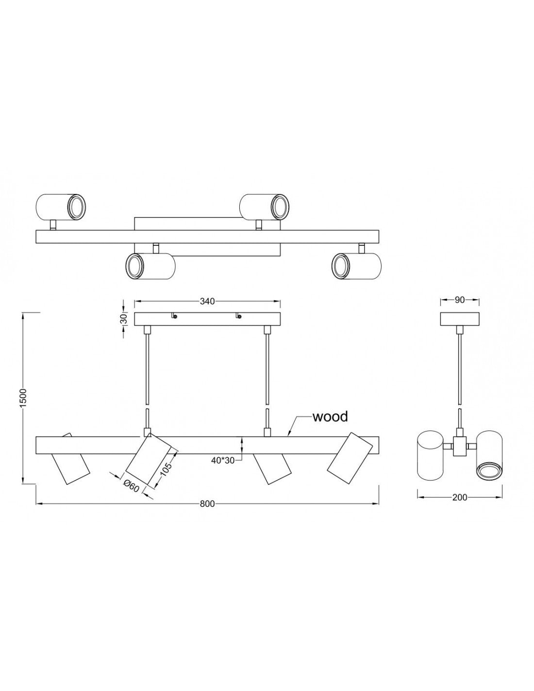 Lámpara de suspensión lineal de madera 4 focos cilíndricos orientables blanco Marley Trio Lighting