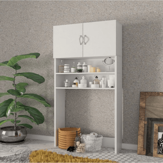 Mueble para lavadora con puertas y estantes blancos.