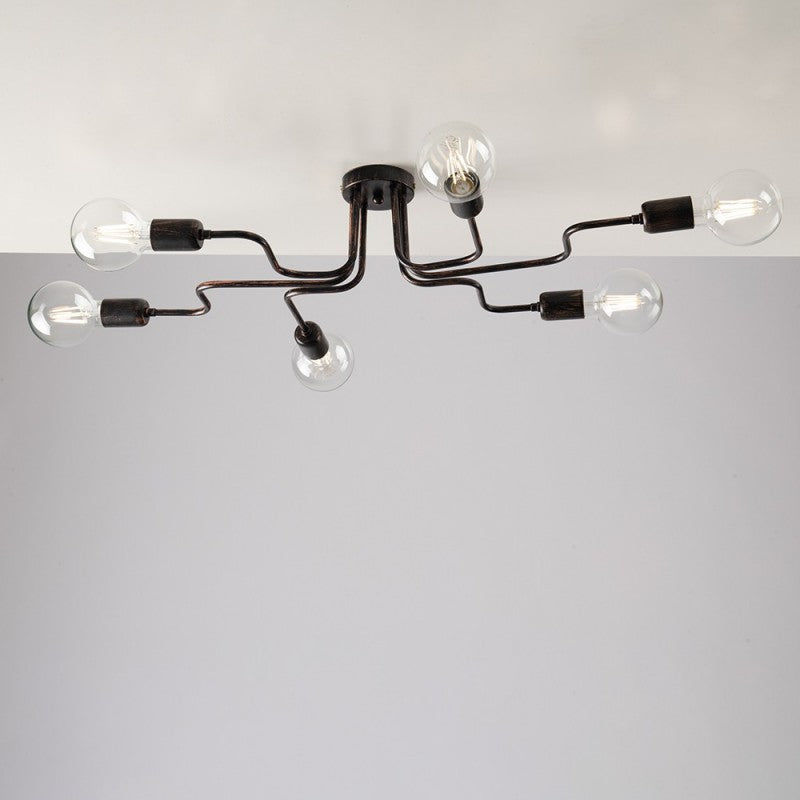 Lámpara de techo de hierro negro con decoración en cobre, seis luces 83x48x h17 cm