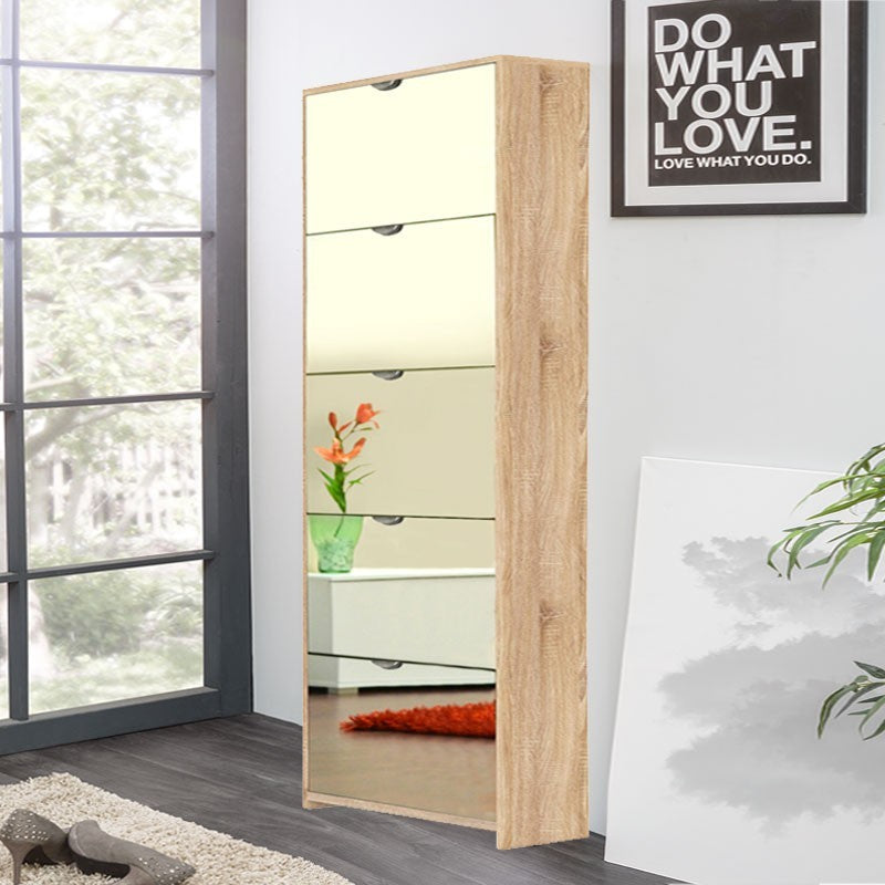 Zapatero 5 solapas espejadas, estructura roble sonoma, 58x17xh.177 cm