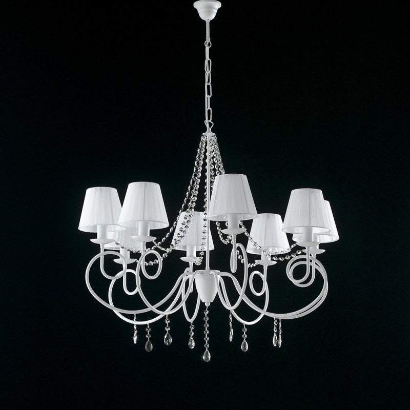 Araña de hierro blanco de ocho luces con decoración shabby y pantallas blancas 90x h75 cm
