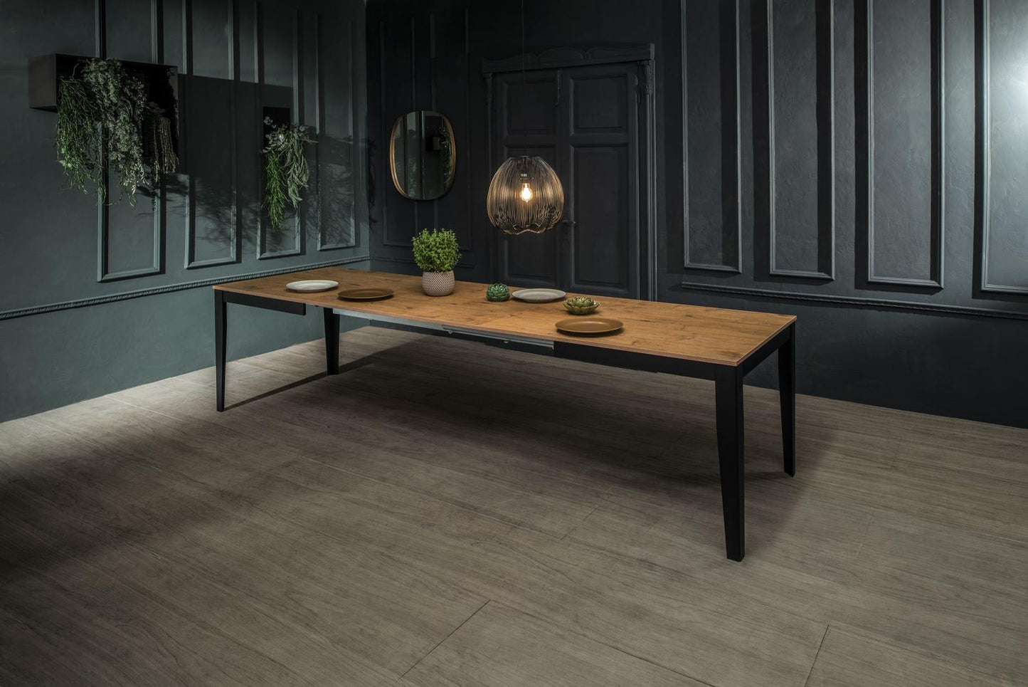 Mesa extensible roble-negro 90 cm x 156- 316 cm Alt. 76 cm