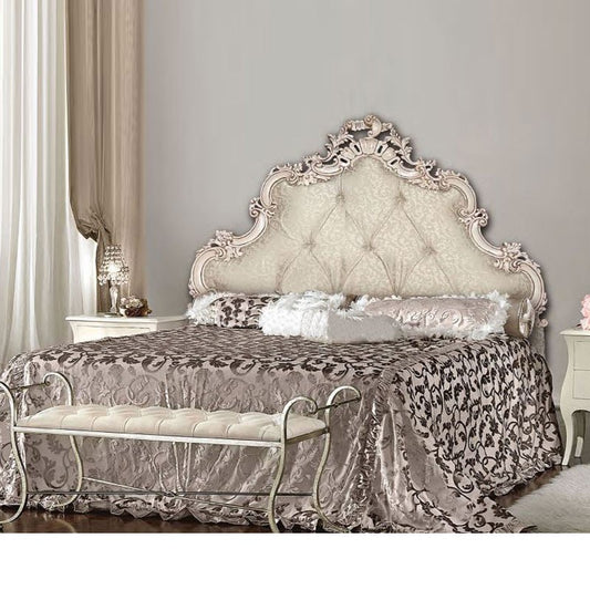 Cama doble barroca con cabecero tallado y contenedor acolchado 175x202xh.175 cm