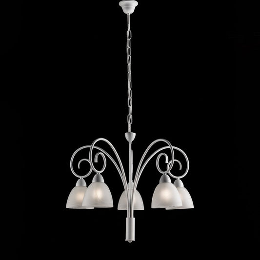 Lámpara de araña de hierro desgastado blanco con pantallas de cristal de alabastro blanco cinco luces 57x h50 cm
