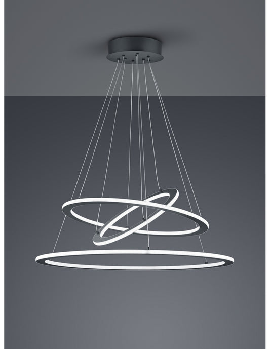 Lámpara colgante LED regulable 3 anillos Durban Antracita Ø80 cm Trio Lighting