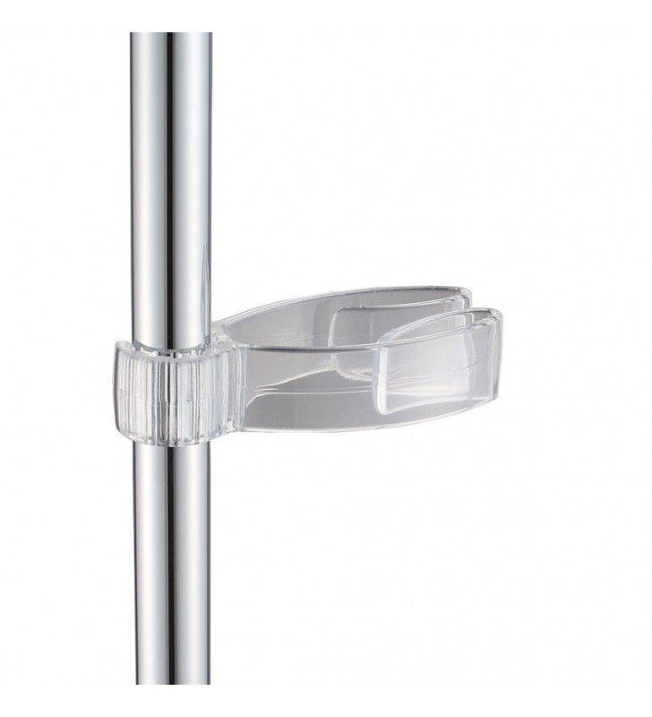 Gancho transparente para barras o columnas de ducha.