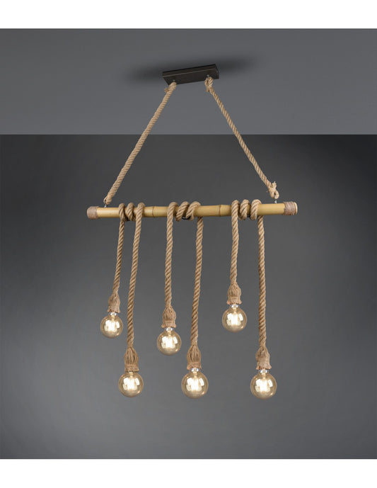 Lámpara colgante vintage Wilma de bambú con barra y cuerda, L 100 cm, trío de iluminación