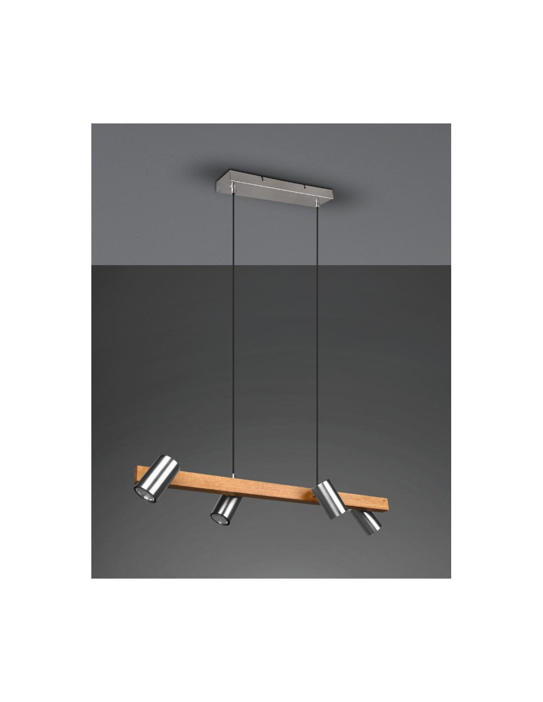 Araña lineal en madera y níquel 4 focos cilíndricos orientables Marley Trio Lighting