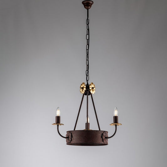Lámpara de araña de hierro Rusty Black con acabado Empire Gold, tres luces 44x h48 cm