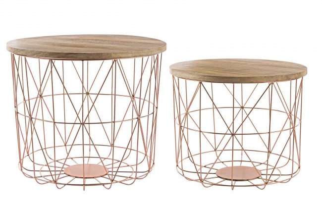 Juego de 2 mesas de centro con contenedor y tejido de cobre.