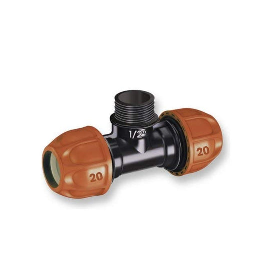 Racor en T para tubo de Ø 20 mm con rosca M de 1-2”