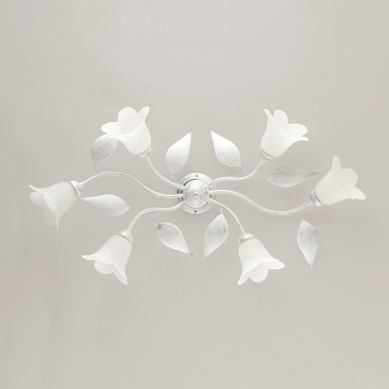 Plafón de hierro blanco plateado con seis luces de cristal blanco Alabastro 95x52x h20 cm
