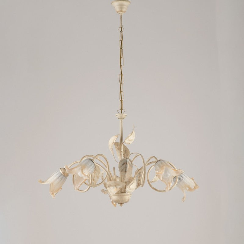 Araña de hierro Marfil Oro Vidrio Blanco Ámbar cinco luces 73x h43 cm