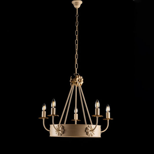 Araña de hierro marfil Decape con acabado dorado imperio, cinco luces 59x h52 cm