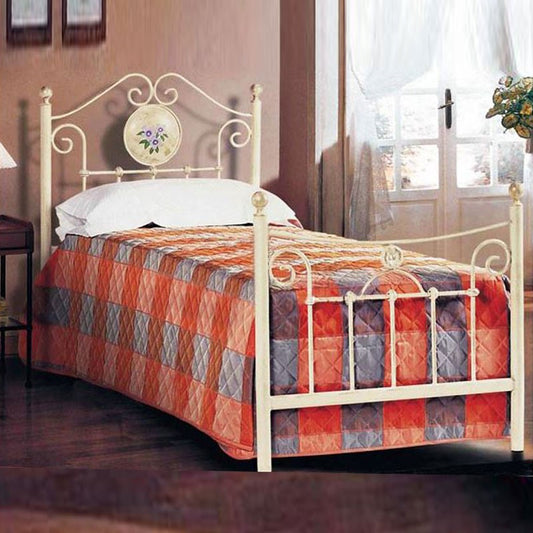 Cama individual de hierro forjado trabajado en color marfil 90x202xH.110 cm