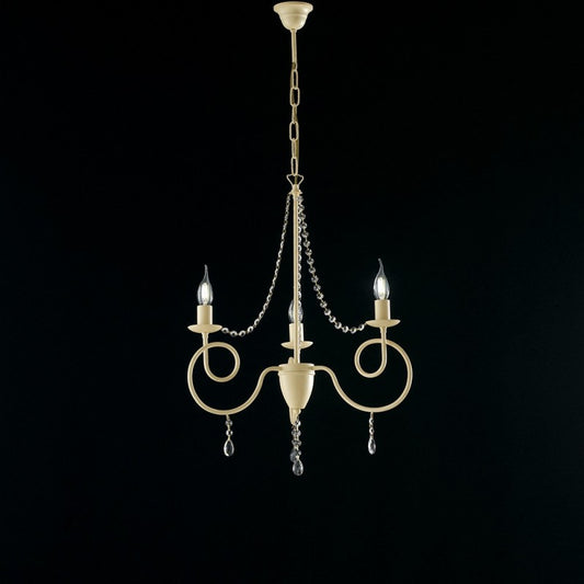 Araña de hierro marfil con tres luces, decoración decapada y pedrería, 50x h67 cm