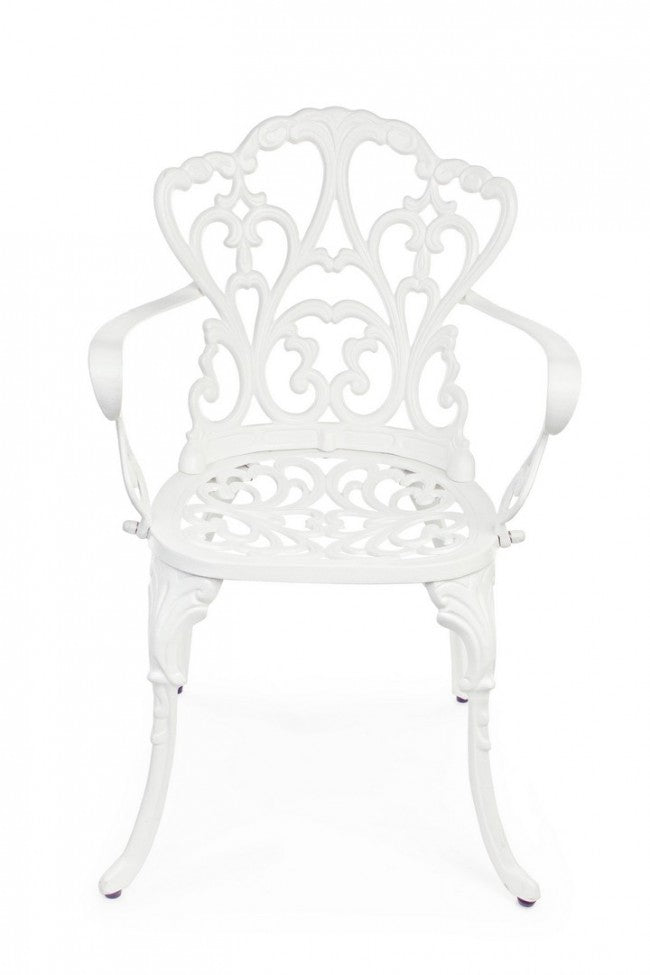 Silla Victoria Bianca con reposabrazos en aluminio.