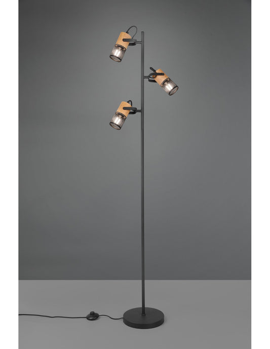 Tosh Lámpara de Pie Negro 3xE14 Jaula Madera y Metal Al. 150 cm Trio Lighting