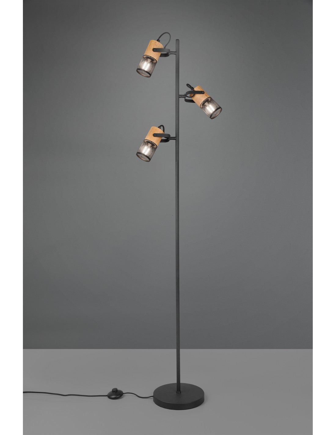 Tosh Lámpara de Pie Negro 3xE14 Jaula Madera y Metal Al. 150 cm Trio Lighting