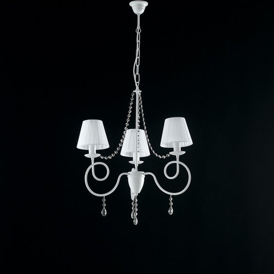 Araña de hierro blanco con tres luces, decoración shabby, pantallas blancas 60x h67 cm