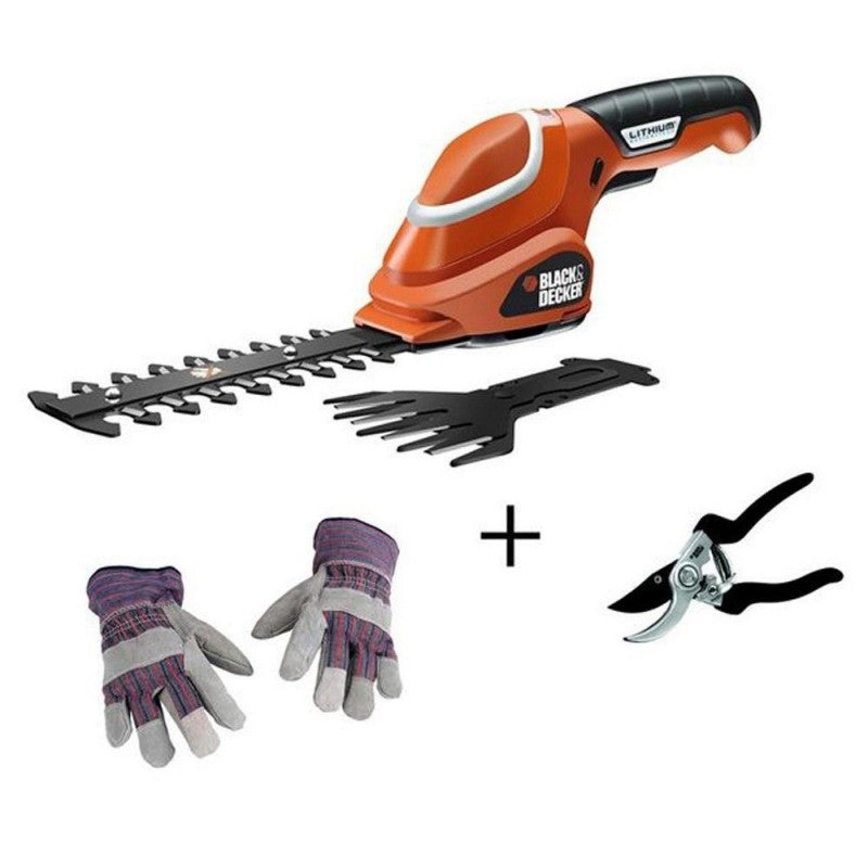 Kit cortasetos a batería Black and Decker con tijeras y guantes de jardín