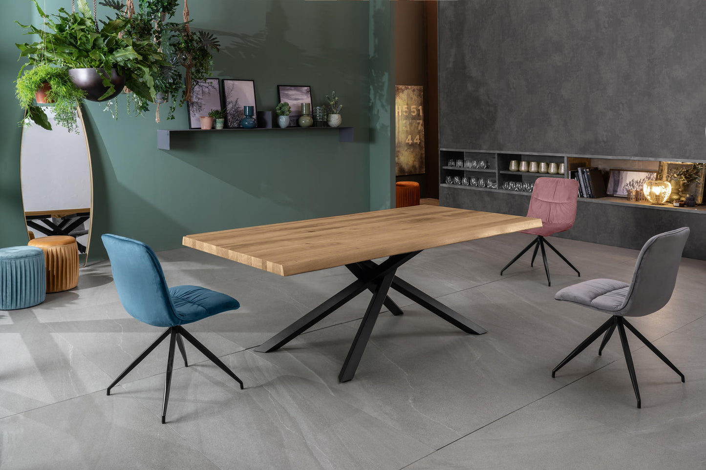 Mesa fija chapa de roble y patas de metal 160x76h cm