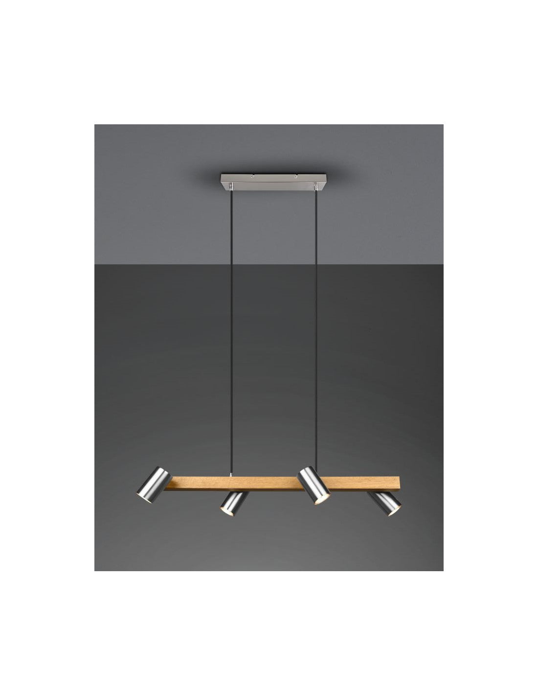 Araña lineal en madera y níquel 4 focos cilíndricos orientables Marley Trio Lighting