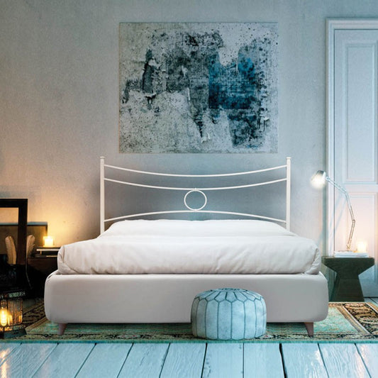 Cama doble de hierro con estructura de cuero ecológico Blanco CONCA 166x208x h117 cm