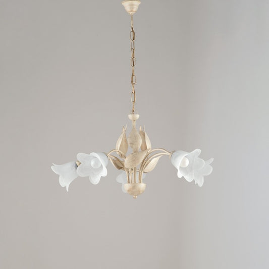 Araña de hierro Ivory Gold con cinco luces en cristal de Alabastro Blanco 68x h43 cm