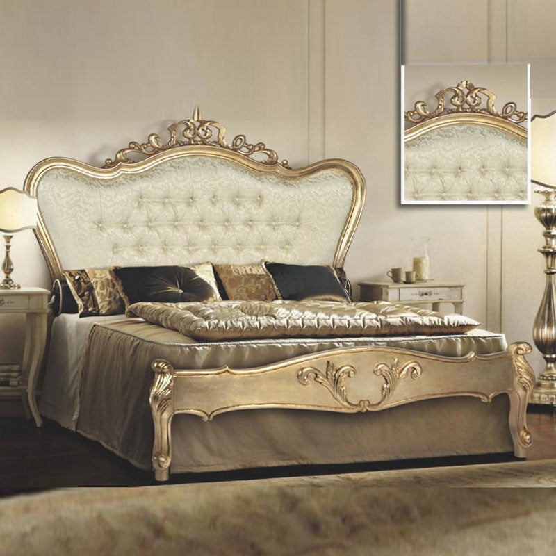 Cama doble con cabecero barroco y pie de cama en tejido damasco 180x200xh.165 cm